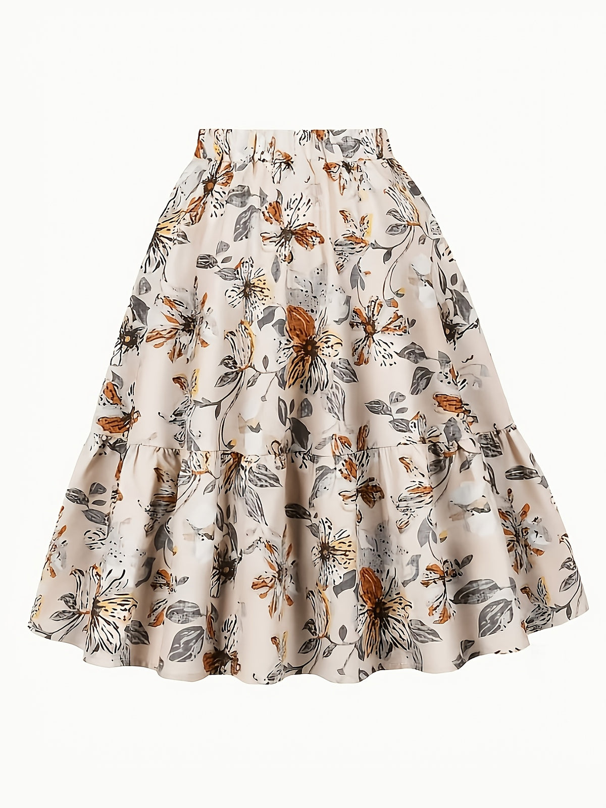 Women'S Summer Beige Base Vintage Floral Elastic Waist Ruffle A-Line Flared Midi Skirt - White