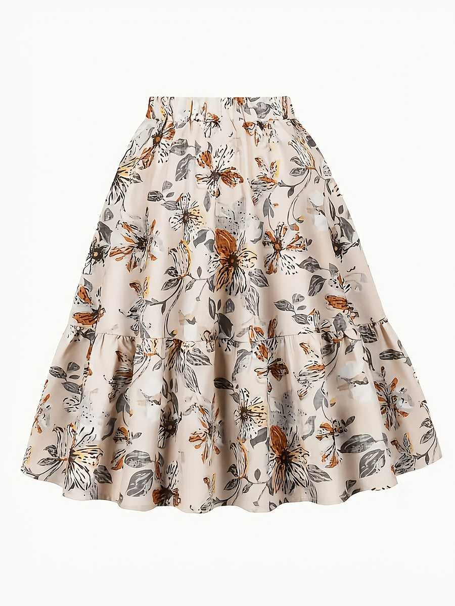 Women'S Summer Beige Base Vintage Floral Elastic Waist Ruffle A-Line Flared Midi Skirt - White