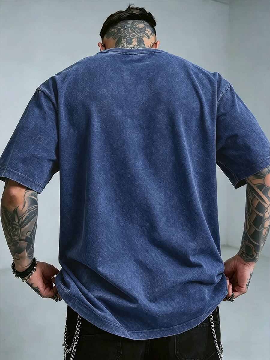 Warner Bros. Officially Authorizes Portrait Pattern Printed Retro Washed Distressed Short Sleeved T-shirt for Both Men and Women, Machine Washable Daily Commuting Outdoor Sports and Leisure Top - Royal Blue