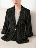 Color- Vertical Stripe Black and White Three-quarter Sleeve Turn-up Cuff Suit Jacket with Metal Buttons, Lined Inner Jacket, Front Lining, Piping Design, Textured Top - Black