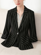 Color- Vertical Stripe Black and White Three-quarter Sleeve Turn-up Cuff Suit Jacket with Metal Buttons, Lined Inner Jacket, Front Lining, Piping Design, Textured Top - Black