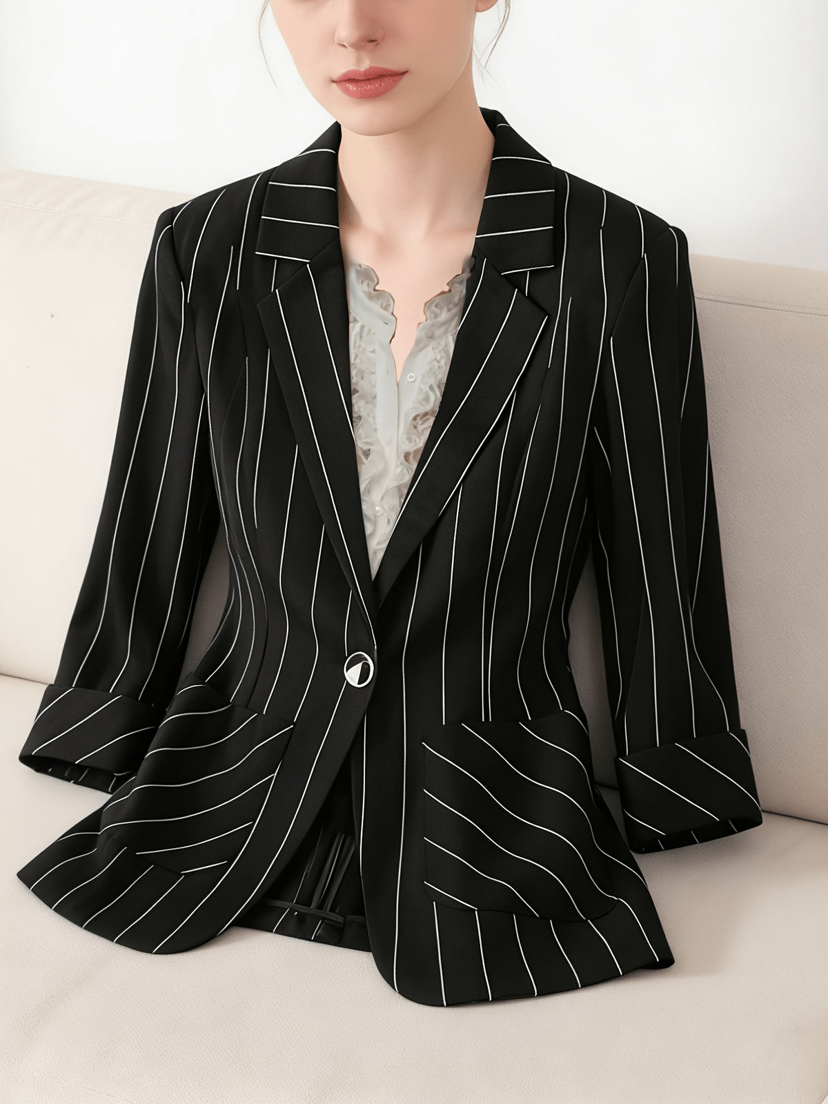 Color- Vertical Stripe Black and White Three-quarter Sleeve Turn-up Cuff Suit Jacket with Metal Buttons, Lined Inner Jacket, Front Lining, Piping Design, Textured Top - Black