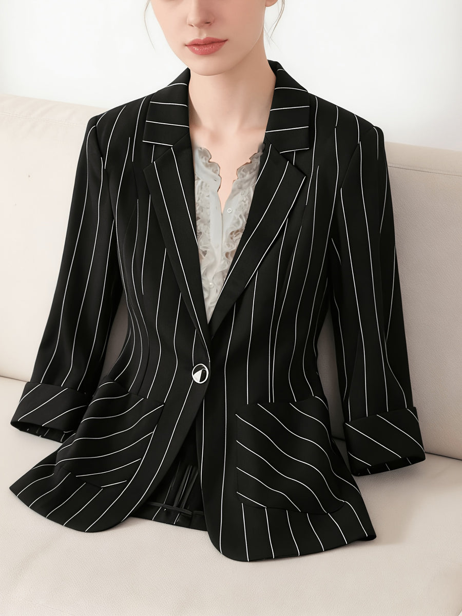 Color- Vertical Stripe Black and White Three-quarter Sleeve Turn-up Cuff Suit Jacket with Metal Buttons, Lined Inner Jacket, Front Lining, Piping Design, Textured Top - Black