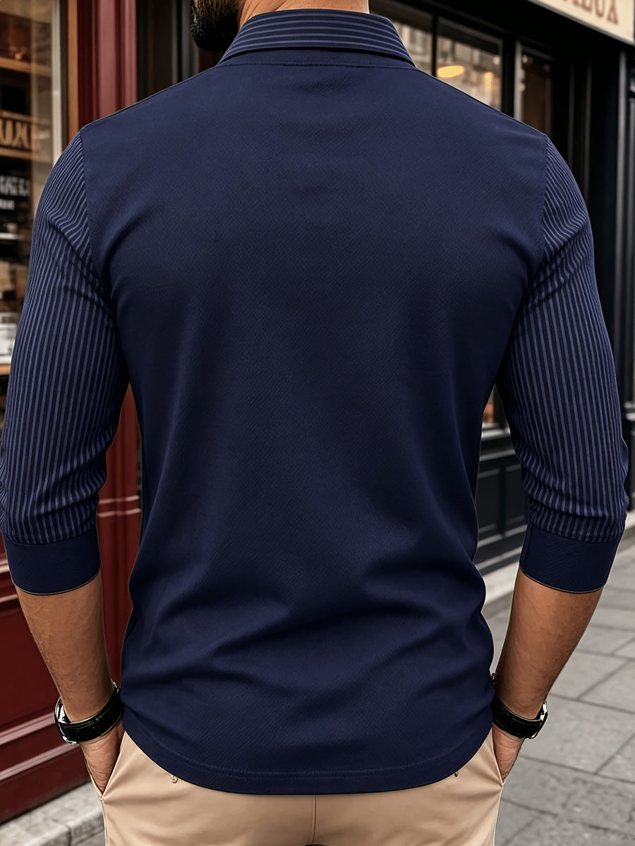 Men's New All-Season Knitwear Classic Lapel Long Sleeve 2-in-1 Look Polo Shirt, Featuring a Stylish and Minimalist Geometric Print Stripe Design, with a Color-blocked Collar and Layered Shirt Style. Made from Lightweight, Breathable - Navy Blue