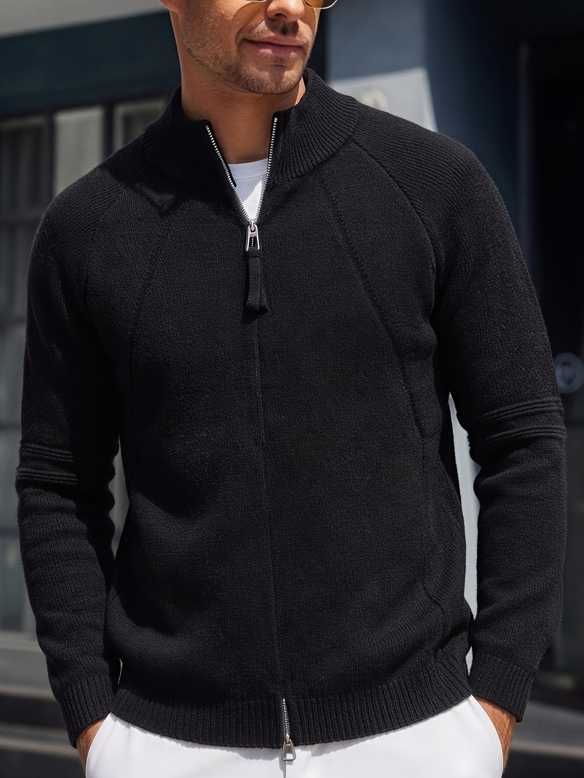 Men'S Knit Cardigan Autumn Winter Double-Headed Zipper Thickened Jacket Fashion Casual All-Match Stand Collar Sweater - Black