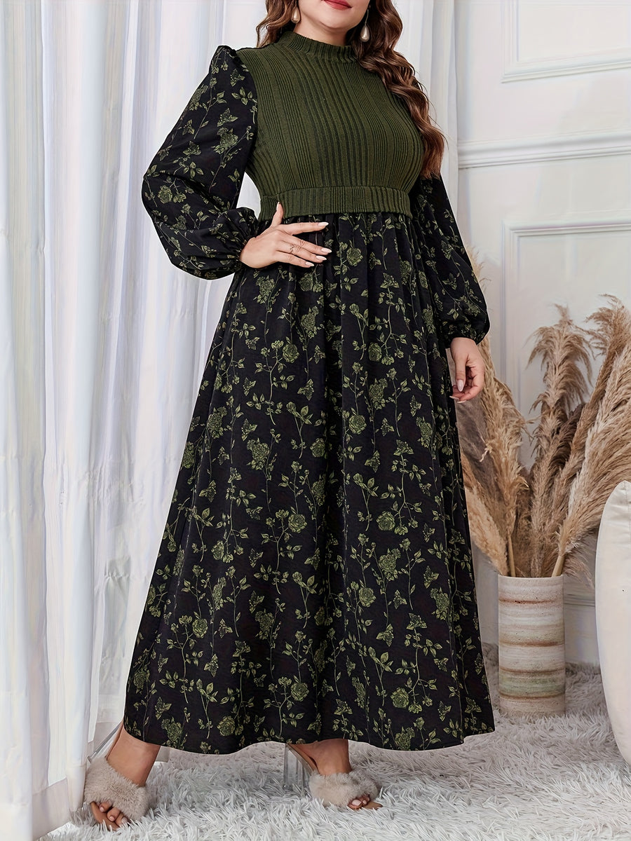 Plus Size - Plus Size - 2025 New Patchwork Fabric Design Floral Print Long Lantern Sleeves Small Stand-Up Collar Waist Slim Dating Travel Elegant Large Size Women'S Dress - Olive Green