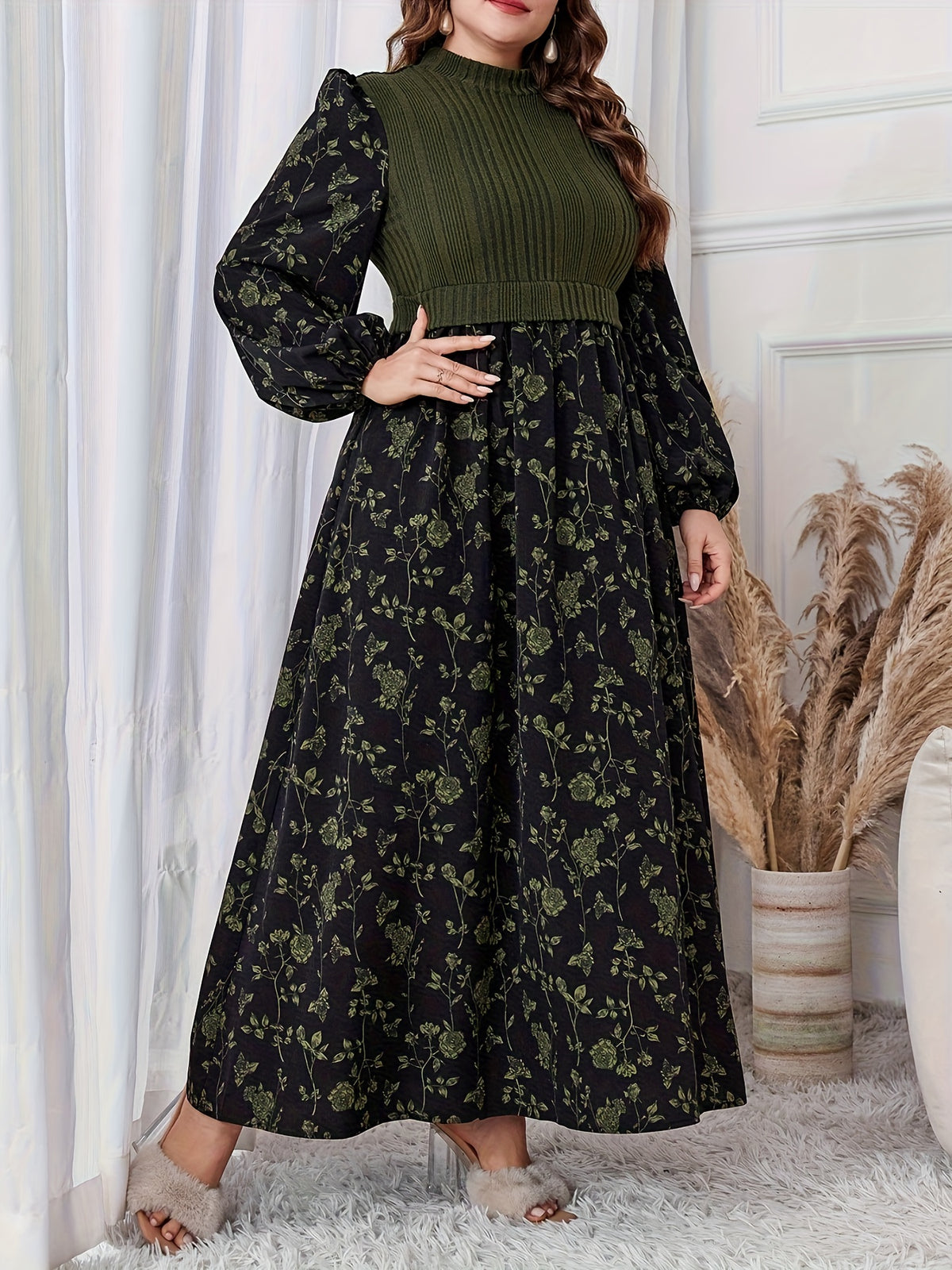 Plus Size - Plus Size - 2025 New Patchwork Fabric Design Floral Print Long Lantern Sleeves Small Stand-Up Collar Waist Slim Dating Travel Elegant Large Size Women'S Dress - Olive Green