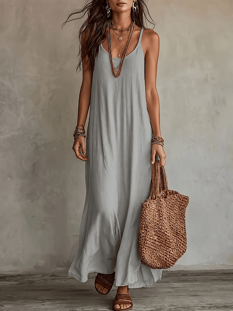 Women'S Spaghetti Strap Maxi Dress, V-Neck Loose Flowing Long Dress, Bohemian Casual Beach Vacation Summer Beach Dress - Light Grey