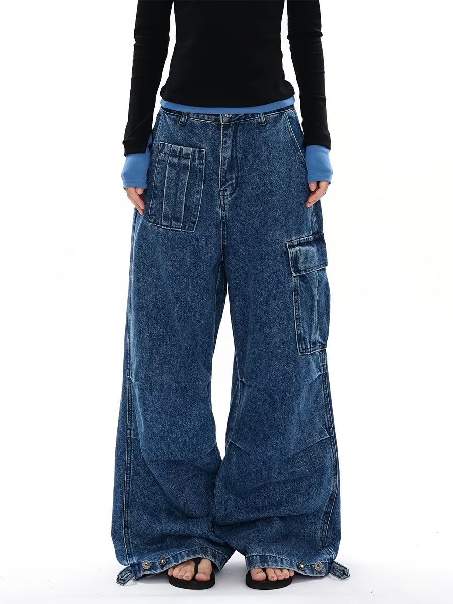 Spring Summer New American Retro Multi-Pocket Cargo Wide-Leg Jeans, High-Waist Floor-Length Style with Adjustable Cuffs, Medium-Wash Distressed Blue, American Workwear And Millennial Wide-Leg Trendy Women'S Denim Trousers - Medium Blue