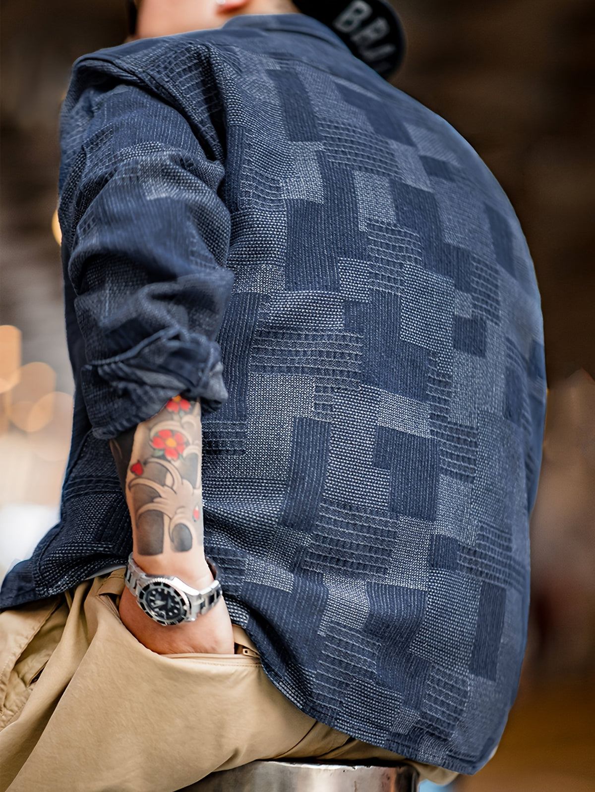 Spring/Autumn New Light Business Elegant Commuter American Casual Vintage Plaid Patchwork Denim Style British Italian Button-Up Men's Suit Long Sleeve Shirt - Sea Blue