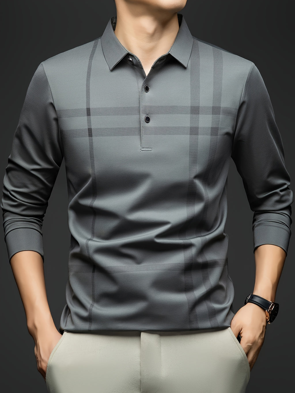 Men'S Striped Long Sleeve Shirt, Casual Commuter Versatile T-Shirt, Lapel Men'S Outdoor Athletic Wear, Easy Long Sleeve Lapel Business T-Shirt, Comfortable Breathable Middle-Aged Men'S Clothing - Bean Green