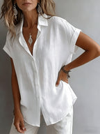 Women's Relaxed Holiday Style Micro-Wrinkle Textured Lapel Short-Sleeve Shirt, Loose Open Front Single-Breasted Drop Shoulder Fit, Casual Rolled Hem Short Sleeve V-Neck Open-Wear Design, Natural Breathable Dry Skin-Friendly Textured Fabric - White
