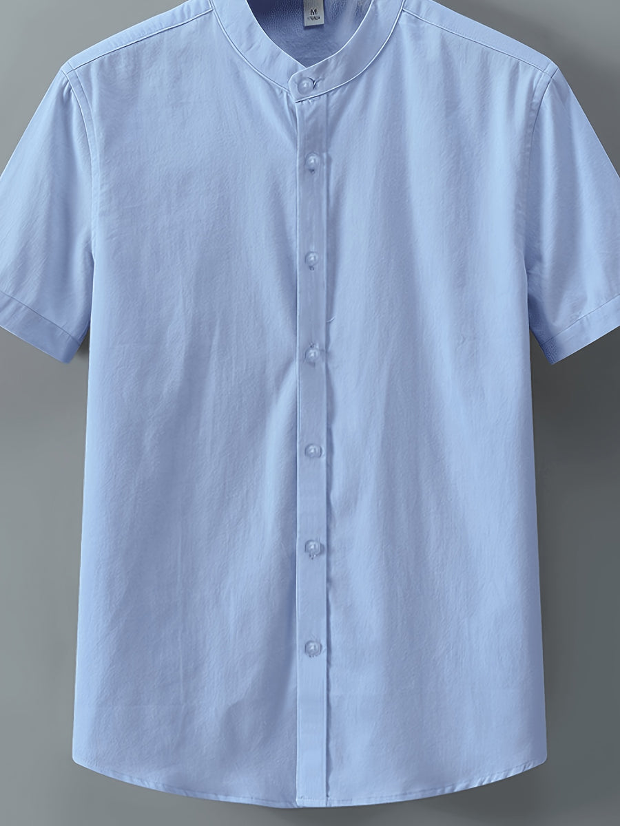 Single-piece Solid-colored Men's Short-sleeved Shirt, Classic Button-up Cardigan Style, Loose and Unrestricted, Available in Multiple Colors, Suitable for Office Wear, Casual Outings, and More. - Sky Blue