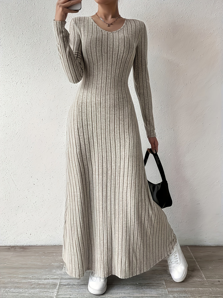 Women's Elegant V-Neck Long Sleeve A-Line Dress - Solid Color Machine Washable Fall Dress with Flattering Silhouette, Versatile for Casual & Formal Occasions, Long Sleeve Maxi Dress, Comfortable Fit - Khaki