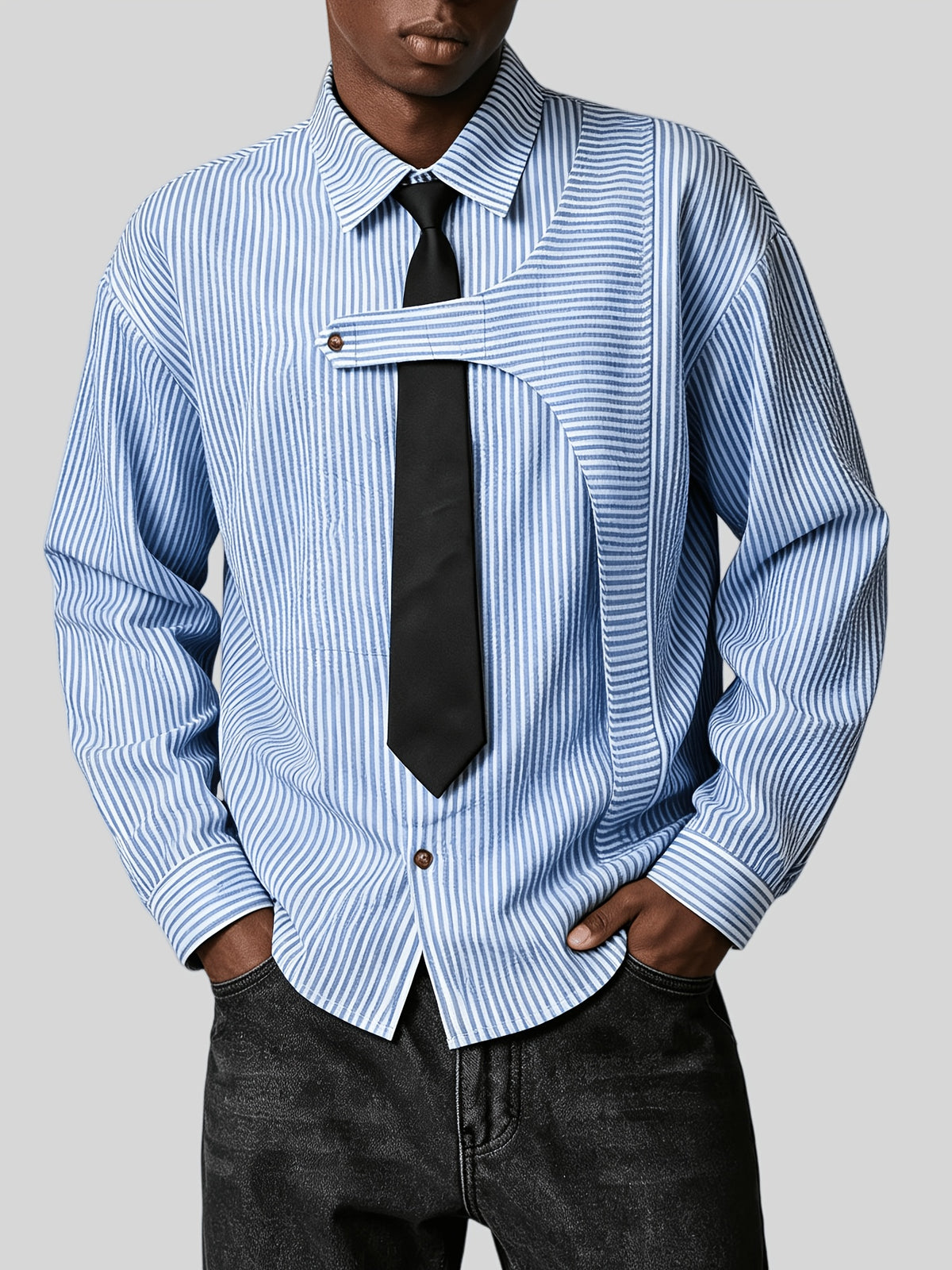 Men's Striped Long-Sleeve Shirt with Free Tie - New Spring, Summer, Autumn Niche Design Lapel Striped Casual Shirt - Suitable for Daily Outings, Commuting to Work, Dates, and as a Gift for Friends and Family - Stylish and Versatile Long-Sleeve Shirt - Blue And White Stripes