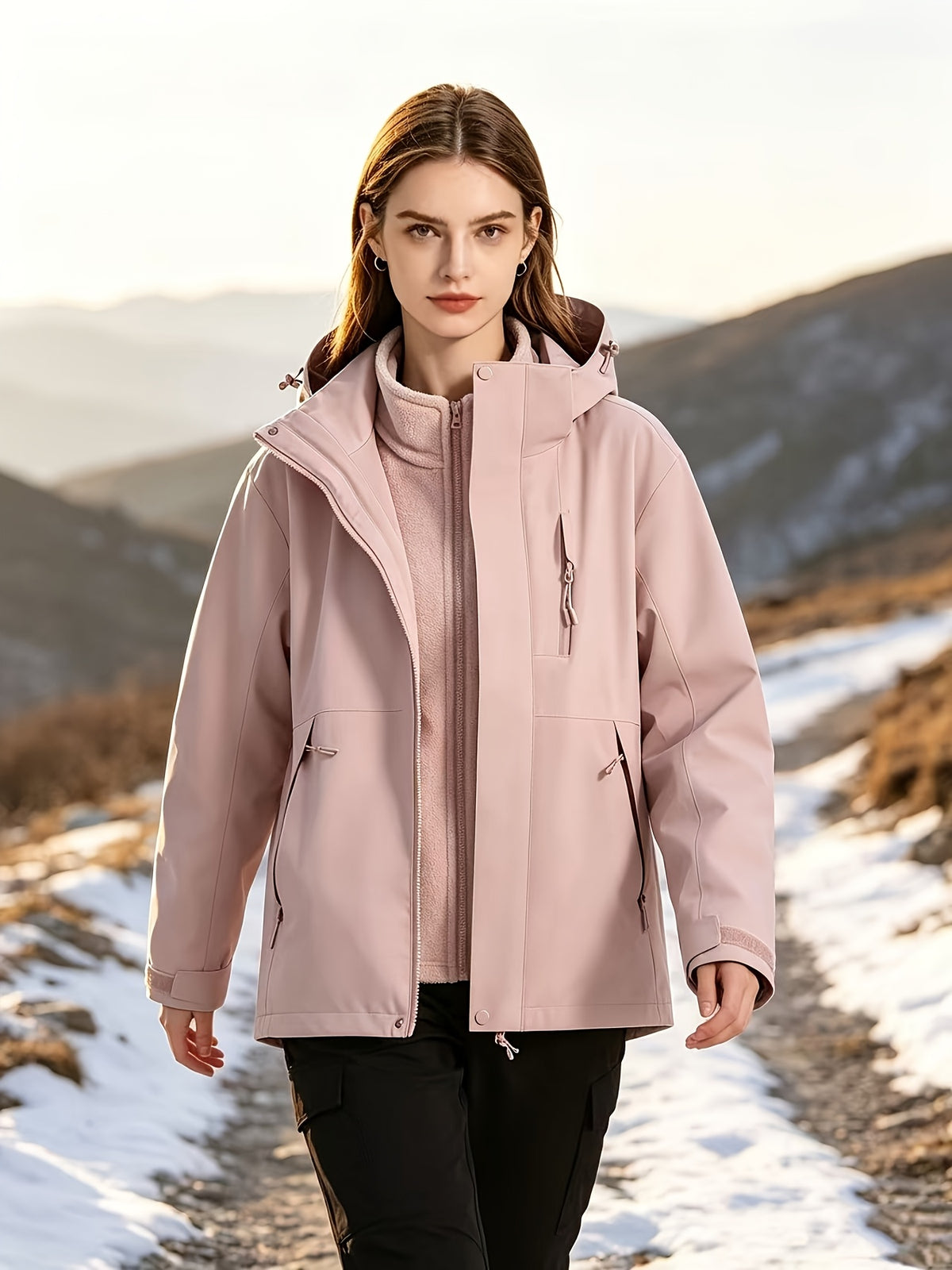 3-In-1 Shell Jacket Women'S Autumn Winter Outdoor Sports Wear Detachable Inner Lining Warm Mountaineering Coat - Mineral Powder
