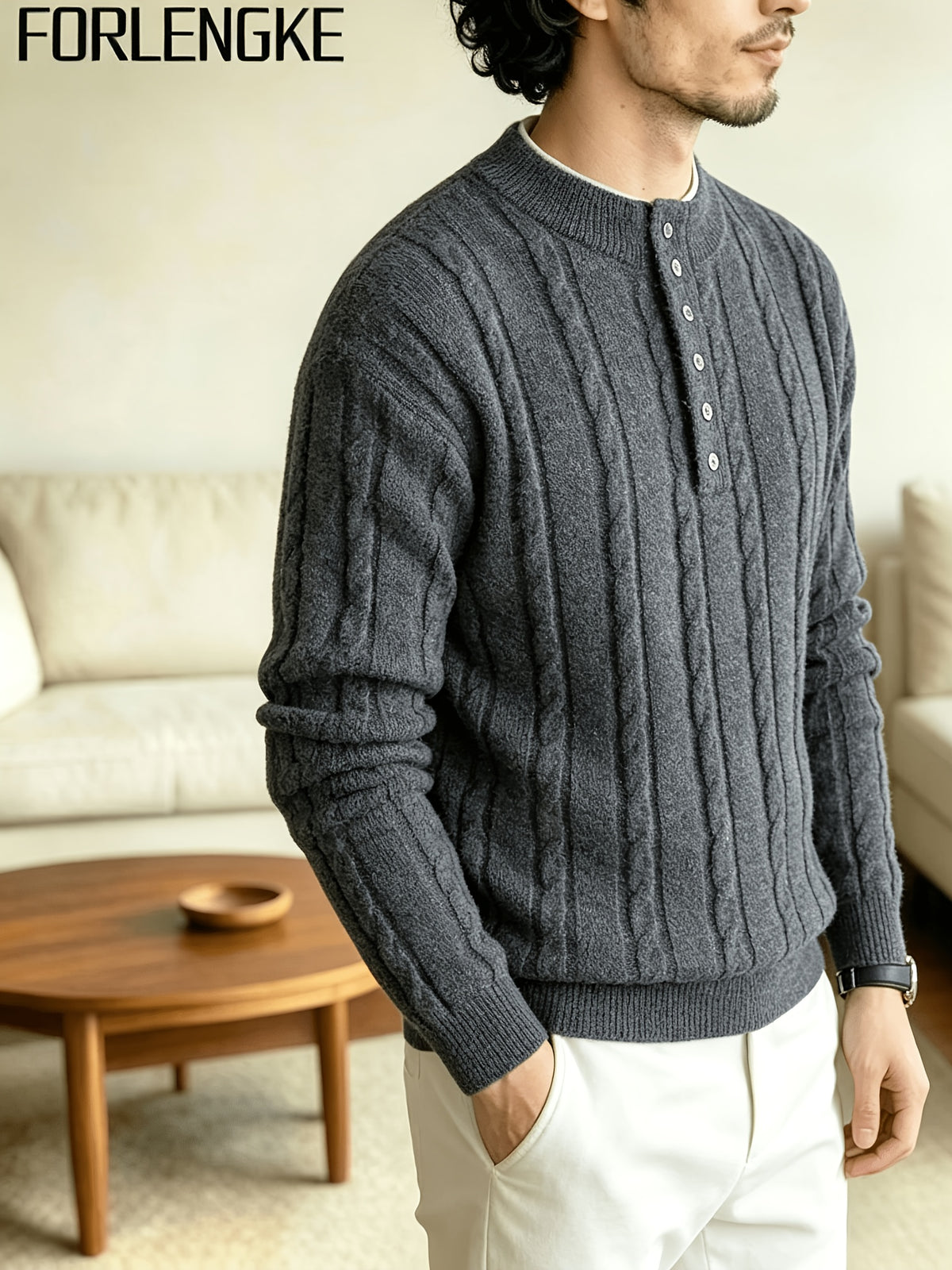 FORLENGKE 2026 New Men's Business Casual Crew Neck Cable Knit Sweater, Soft Warm Long Sleeve Pullover for Fall Winter Office Daily Wear - Grey