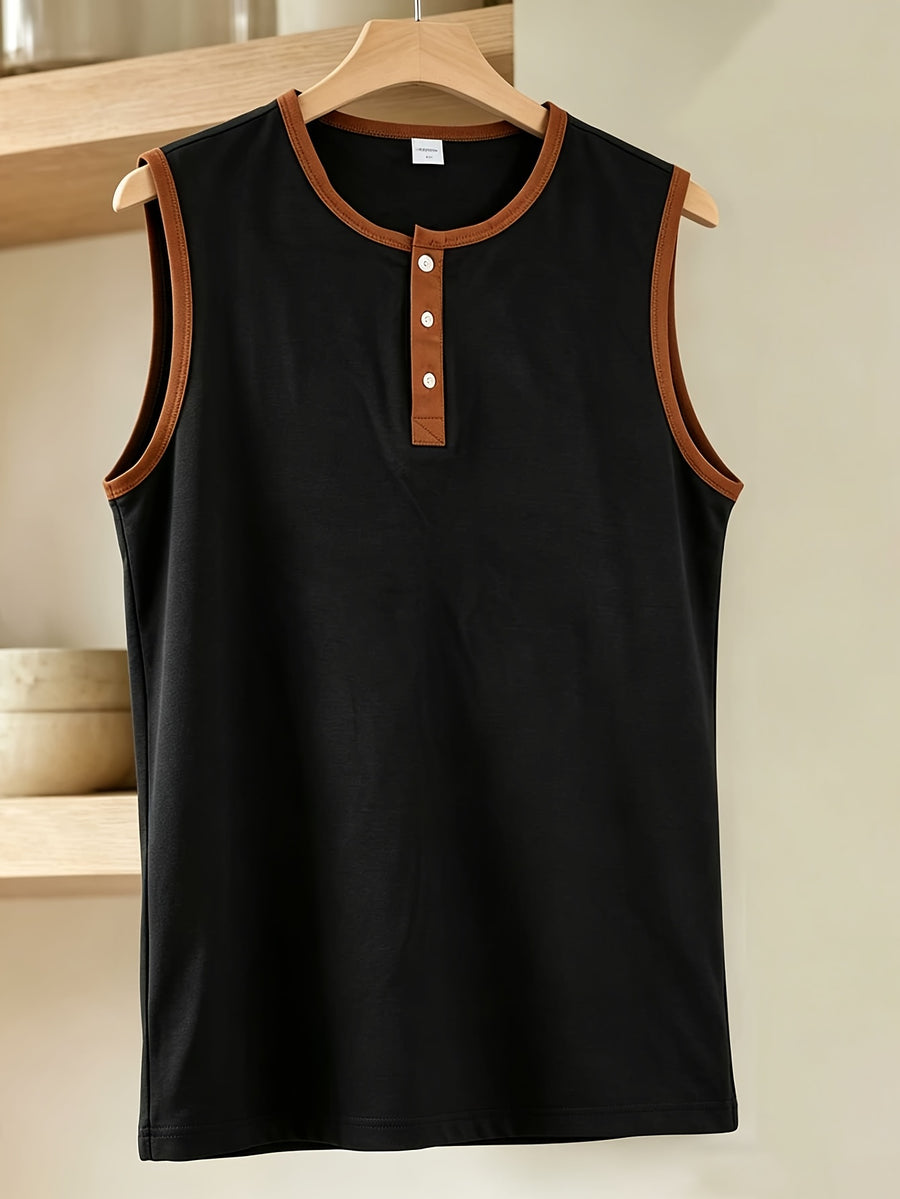 Men's Three-Button Henley Collar Sleeveless Vest with Contrast Binding, Round Neck, Summer Solid Color Casual Sportswear Top - Black