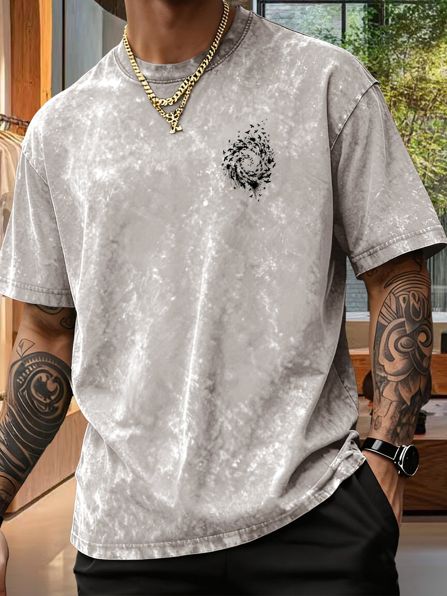 Men's Pure Short-Sleeve Top with Trendy Double-Sided Print of Flocks of Birds and Spiral Ink Splatter Design, 12 Colors for Mix-and-Match, Washed Distressed Loose Fit, National Trend Y2K Style for Commuting, Daily Outings, Sports - Apricot