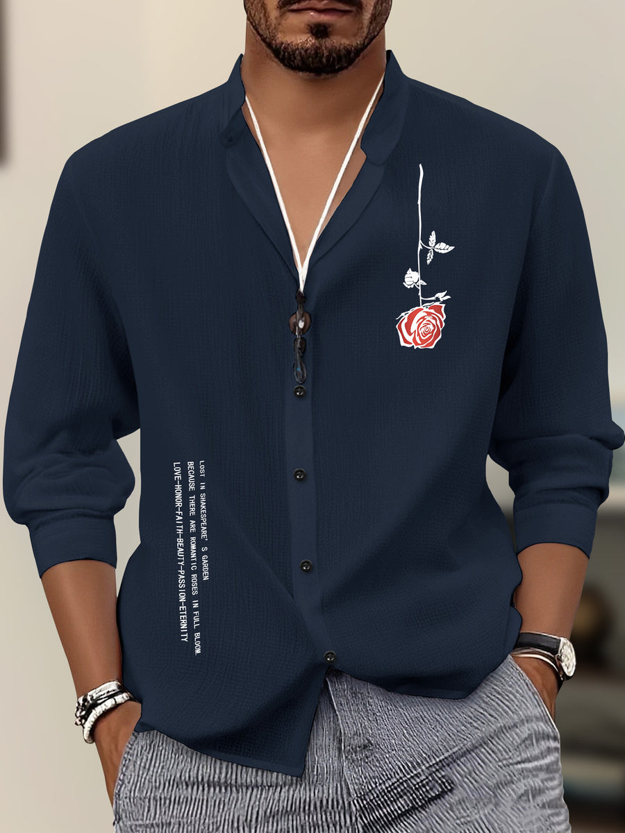 Geometric Pattern Print Men'S Business Long-Sleeved Button Stand Collar Shirt, Spring And Autumn Formal Wear, Men'S Gift - Navy Color
