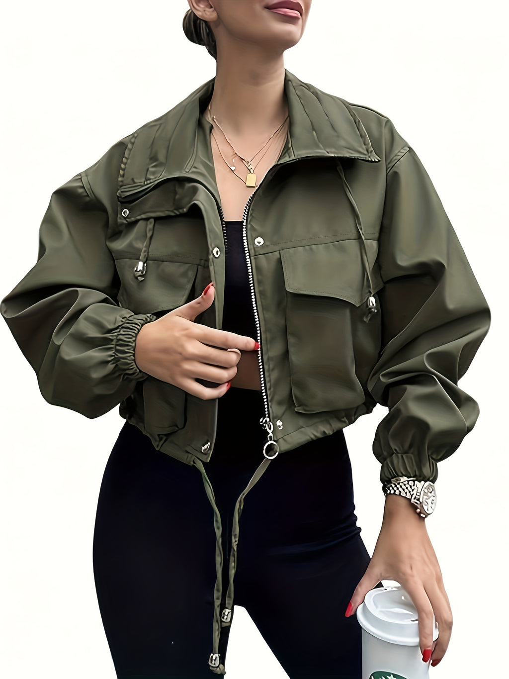 Women'S Fused Casual All-Match Vacation Lapel Short Zipper Coat Autumn Winter Commuter Jacket Elegant - Olive Green