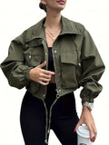 Women'S Fused Casual All-Match Vacation Lapel Short Zipper Coat Autumn Winter Commuter Jacket Elegant - Olive Green