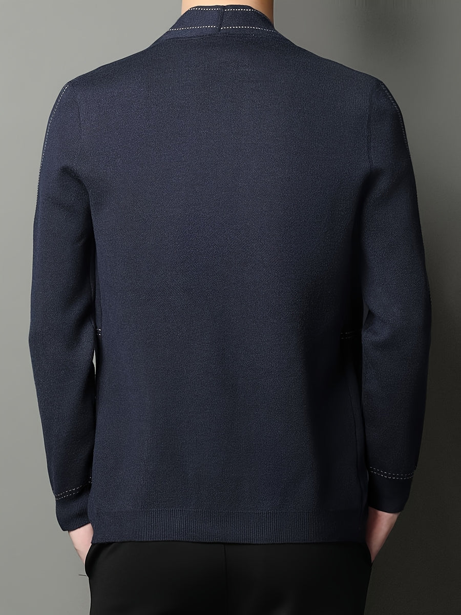 [Qiaoximei Obm] Men'S Knitted Cardigan Spring And Autumn Middle-Aged Striped Velvet Cardigan Jacket Men'S Business Casual Long-Sleeved Knitwear - Navy Color