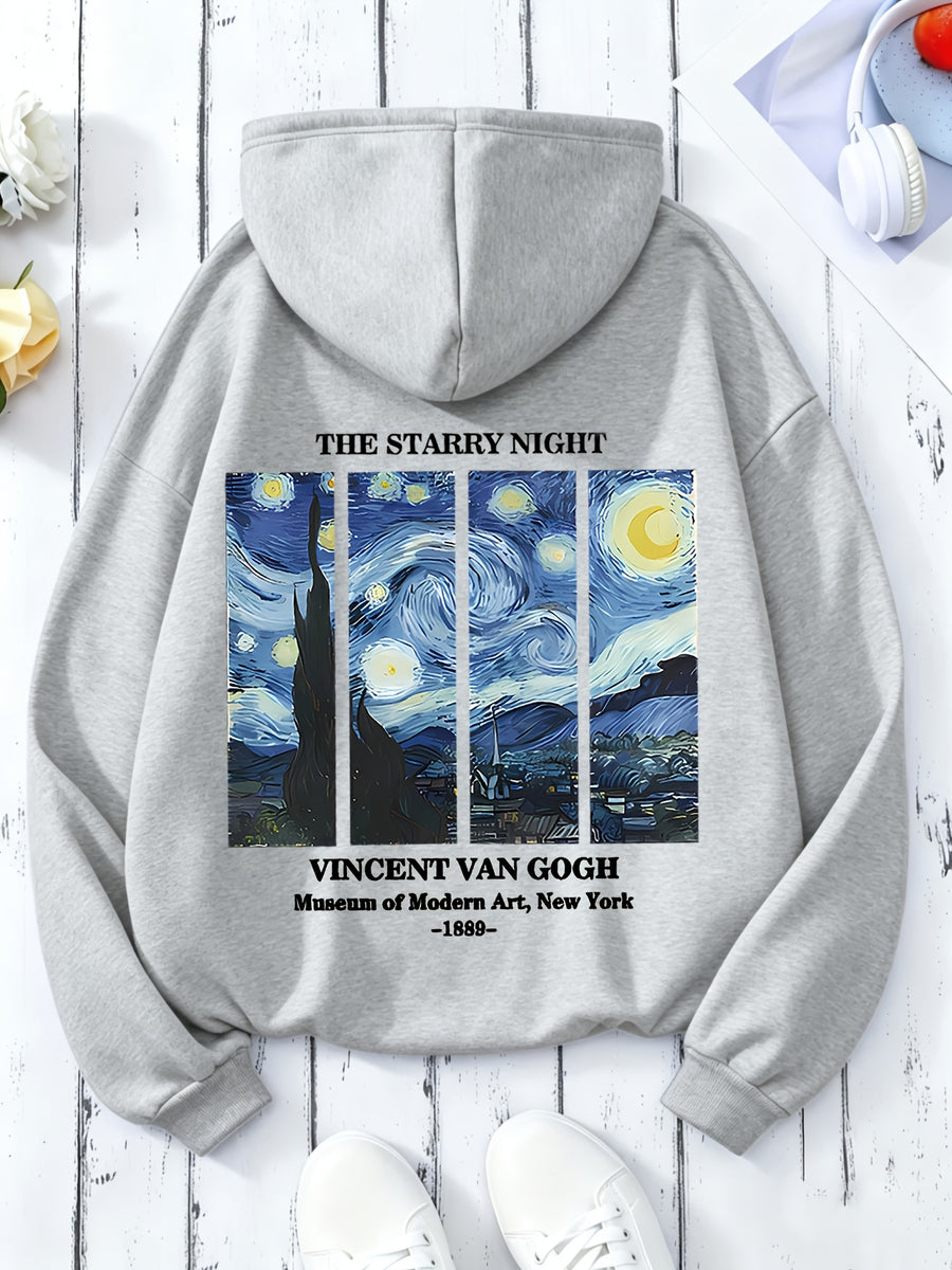 Women'S Autumn Winter All-Match Casual Hooded Sweatshirt, Starry Night Van Gogh Art Print Fashion Comfortable Jacket - Light Grey