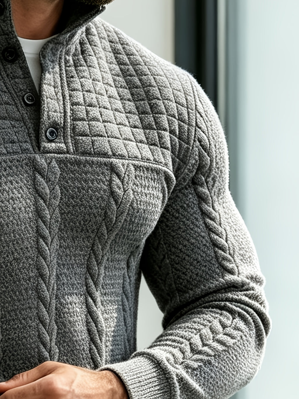 Joshmei OBM Halloween Men's Old Money Style Stand Collar Henley Shirt, Twisted Cable Knit Patchwork Checkered Long Sleeve Top, Comfortable and Warm Pullover, Suitable for Beach Vacations and Daily Wear, Men's Birthday Gift - Dark Gray