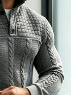 Joshmei OBM Halloween Men's Old Money Style Stand Collar Henley Shirt, Twisted Cable Knit Patchwork Checkered Long Sleeve Top, Comfortable and Warm Pullover, Suitable for Beach Vacations and Daily Wear, Men's Birthday Gift - Dark Gray