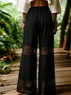 Solid Color Stretch Straight-Leg Lace-Patch Women's Casual Pants - Black