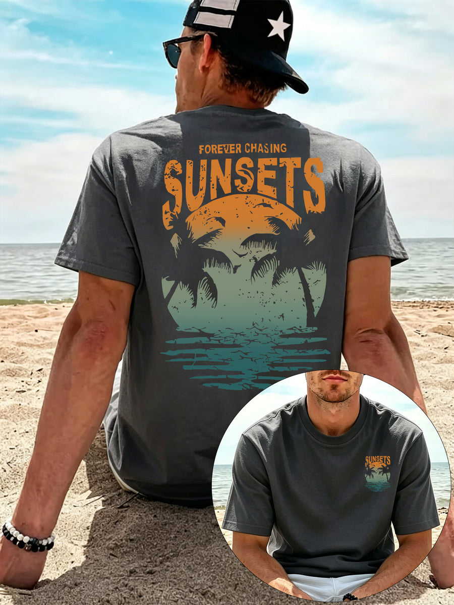 Men'S 100% T-Shirt, Orange-Green Gradient Vintage SUNSETS Coconut Tree Reflection Front And Back Print Design, Casual Trendy Streetwear Sports Short-Sleeve T-Shirt Summer New Arrival, Round Neck Short-Sleeve Summer Top, Casual Street Style - Dark Gray