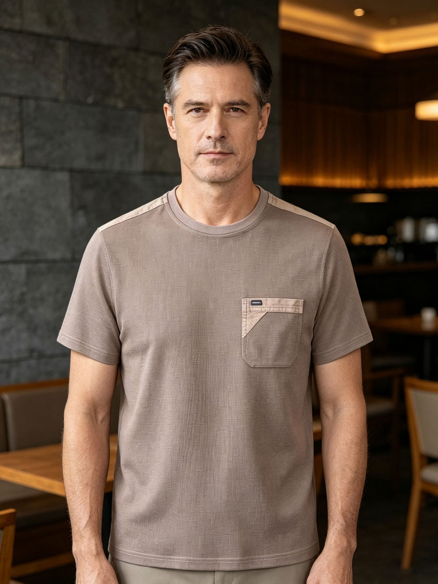 Middle-Aged And Elderly Summer American Denim Craft Washed Distressed Short Sleeve T-Shirt with Real Pockets Casual Nostalgic Retro Polo Shirt Washed Distressed Craft Faded Effect - Coffee Brown