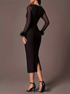 European And American Style Party Dress with Long Sleeves, Deep V-Neck, Mesh Sleeves, Fitted Silhouette, And a Slit, Perfect for Party Occasions - Black