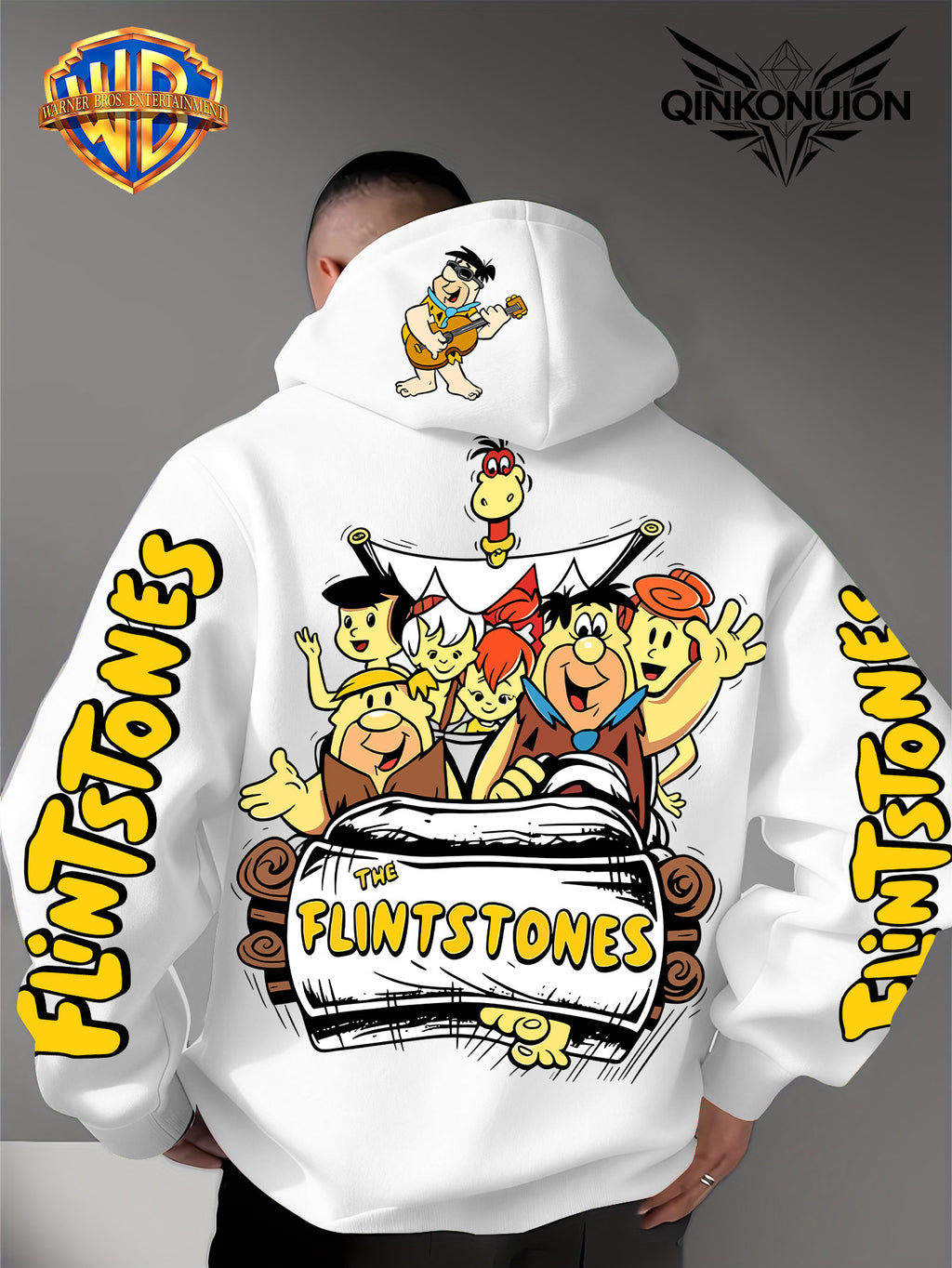 Warner Official Men's Hoodie, Stone Age Family Travel Happy Nostalgic Print Design, Machine Washable, Warm and Casual for Autumn and Winter Daily Drawstring Hoodie, Multi Functional Sports and Leisure Loose Fit - White
