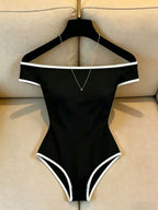 Women's Sexy Off-the-Shoulder Bodysuit, Short-Sleeved Slim-Fit Jumpsuit with Contrast Trim, Suitable for Both Daily Casual and Nightclub Wear - Wilderness - Black