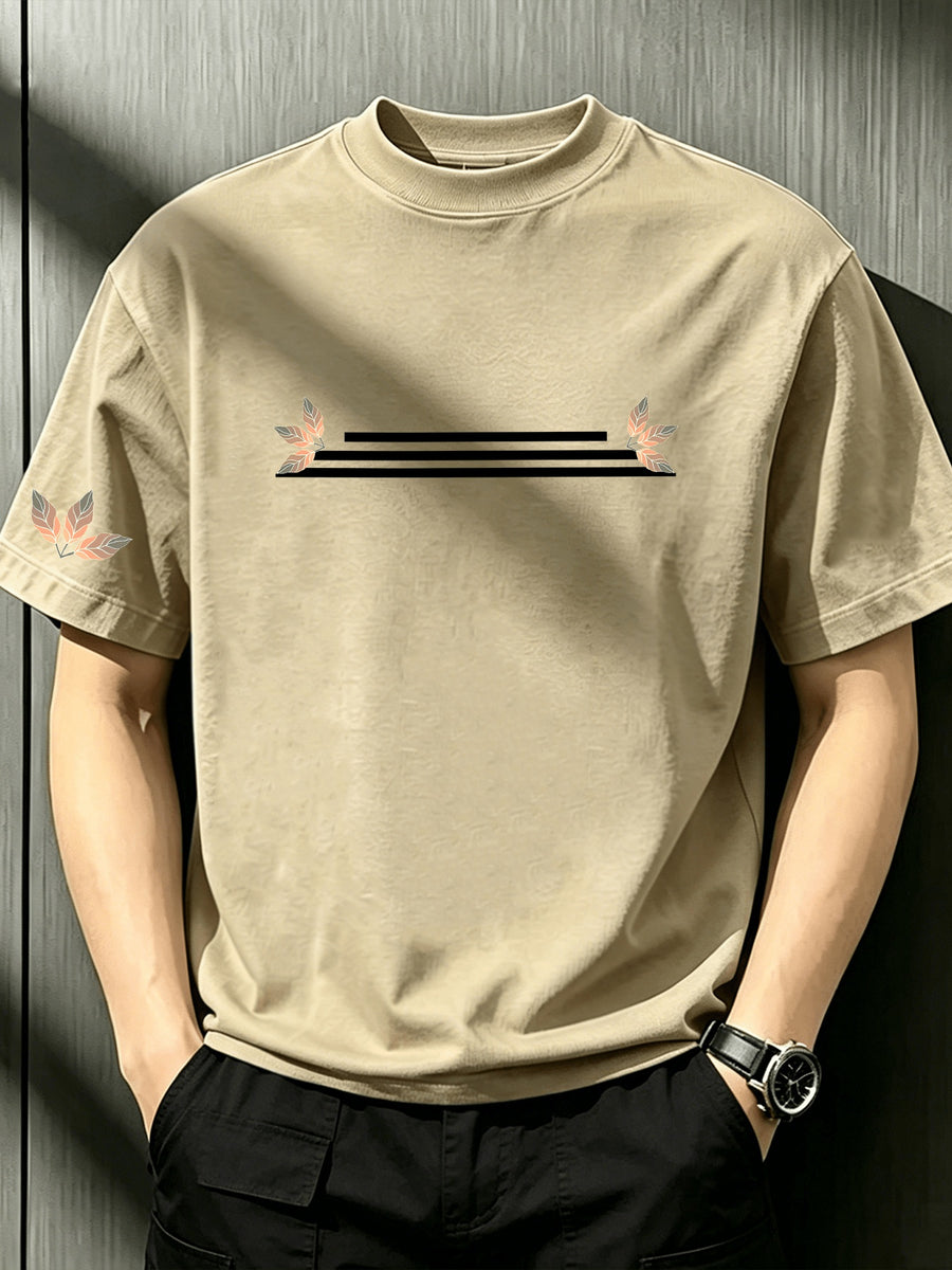 Men's White Loose Crew Neck T-Shirt with Centered Horizontal Stripes & Orange Maple Leaf Print, Soft Minimalist Niche Design, Slim Flattering Breathable Basic Tee for Daily Summer Wear - Khaki