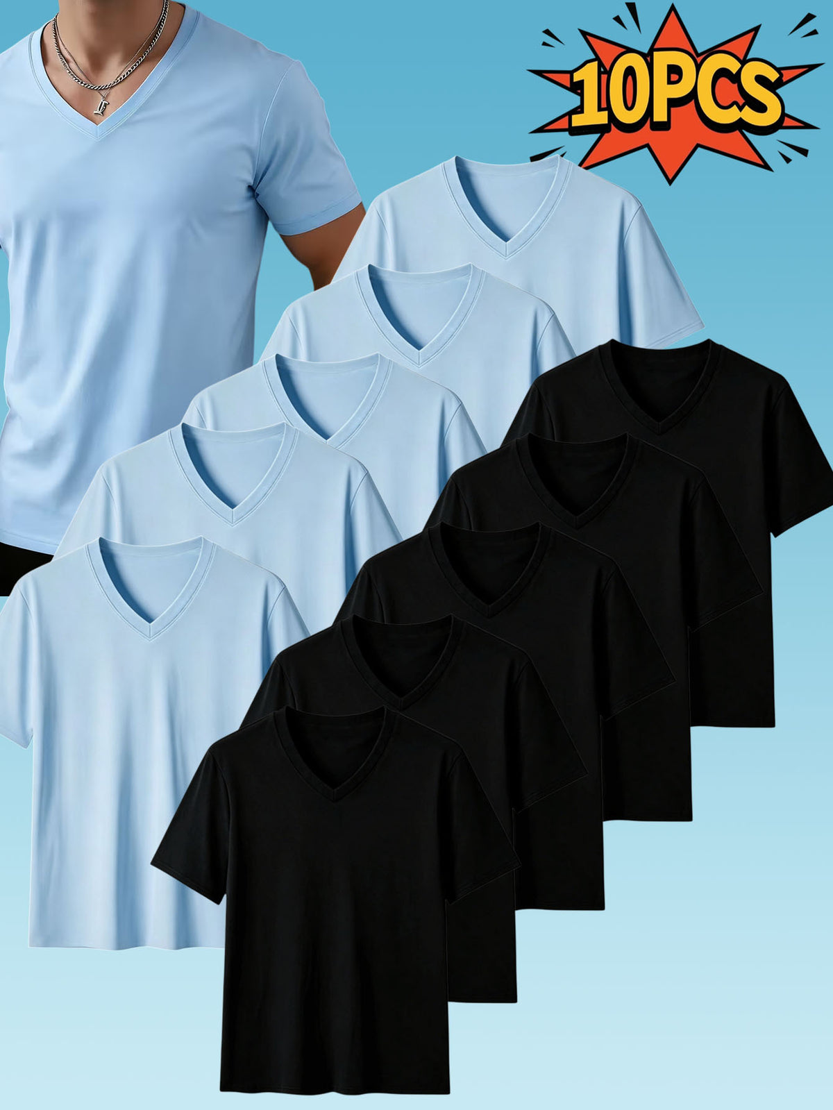 10pcs Men's Casual Knit Ribbed V-Neck T-Shirt / Soft and Comfortable Fabric / Short Sleeve / Solid Color / Crew Neck / Back-to-School Season, Casual Sporty Design Multi-pc Tops, Suitable for Summer Daily Wear - 5 pieces black + 5 pieces sky blue