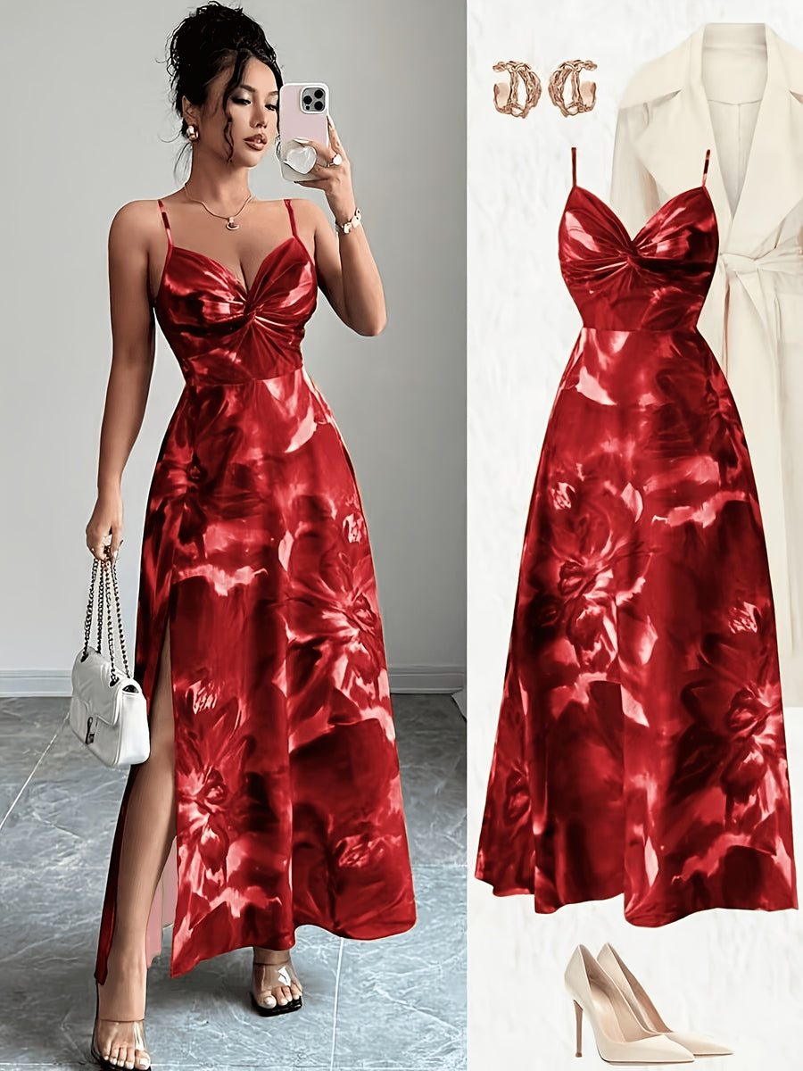 Women's Twisted Twill Front Panel, Waist-Cinching Slit Camisole Dress - Red