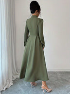 Women's Spring and Autumn Elegant Commuter Fashion Double-Breasted Decorative Long Sleeve Waist-Cinching Long Dress - olive drab