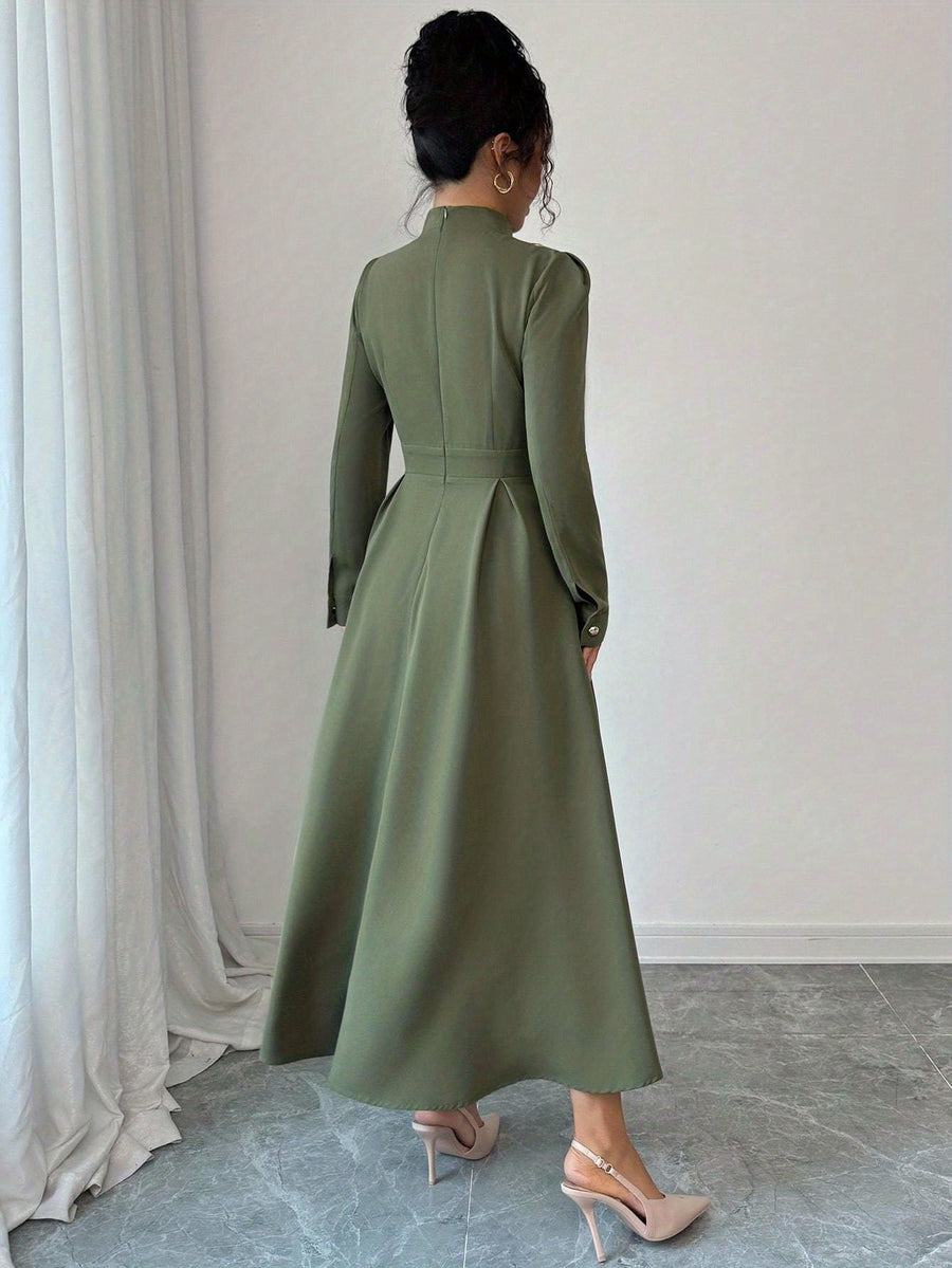 Women's Spring and Autumn Elegant Commuter Fashion Double-Breasted Decorative Long Sleeve Waist-Cinching Long Dress - olive drab