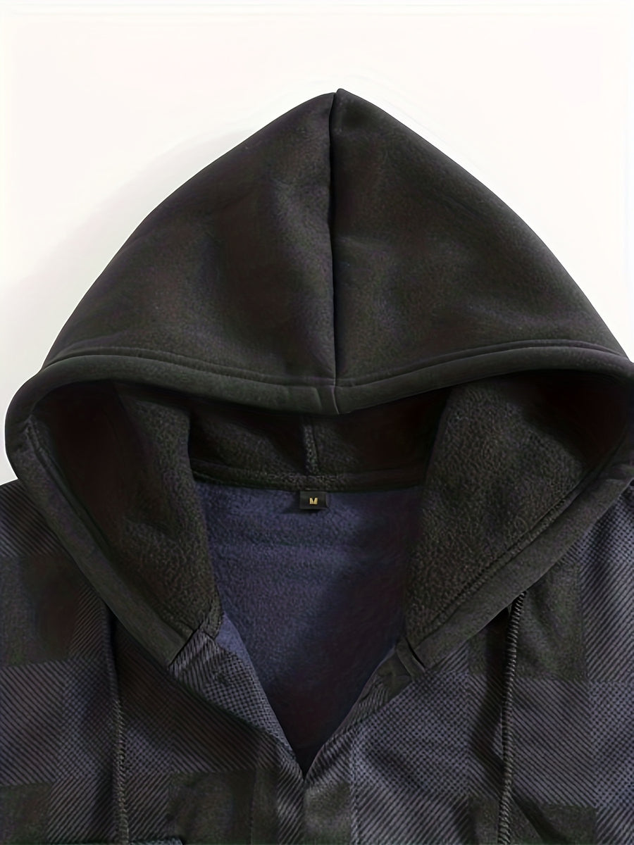 Men'S Jacket, Retro Plaid Shirt, Men'S Casual Shirt Fleece Jacket Single Button with Hat Long Sleeve Coat Men'S Top with Chest Pocket Elastic Cuff Ribbed Spring Autumn New Men'S Clothing - Navy Color