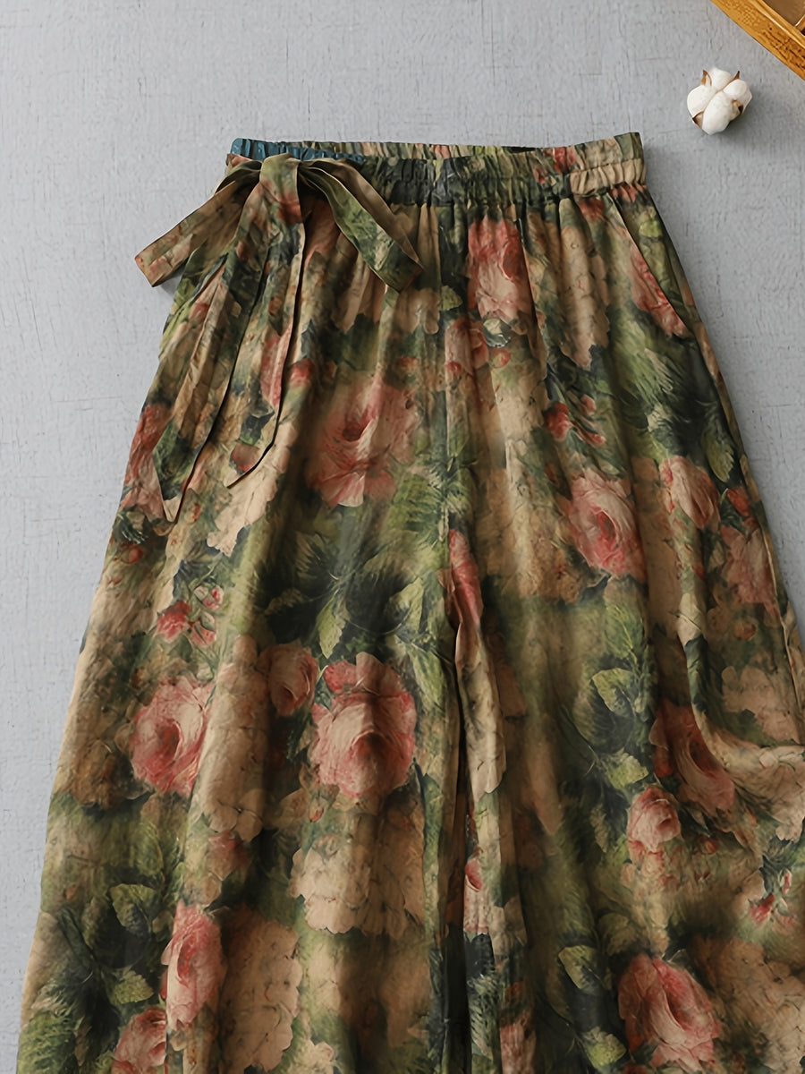 Elegant Print, And Wide-Leg Pants, Women'S New Spring And Summer - Elastic Waist - Tie-Up Nine-Point Culottes - Red