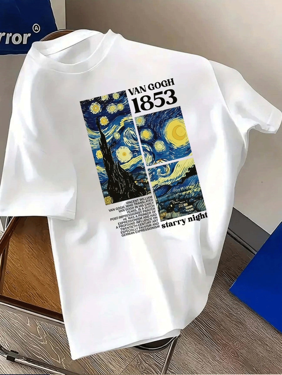 Men'S Short Sleeve Round Neck Top with Retro Starry Night Oil Painting Print, Artistic Trendy Street Style, Casual All-Season Wear, Unique Temperament Expression - White