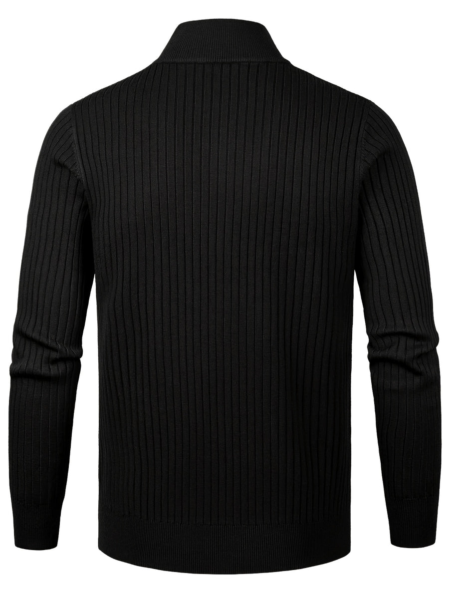 2026 Spring/Fall New Men'S Knitted Rib-Striped Zip-Up Cardigan | Stand Collar, Medium Stretch Fabric, Long Sleeve, Casual And Versatile Fit Minimalist Layering - Black