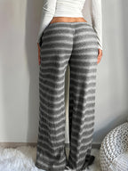Women'S Casual Striped Textured Elastic Drawstring Waist Pocket Wide-Leg Pants - Grey
