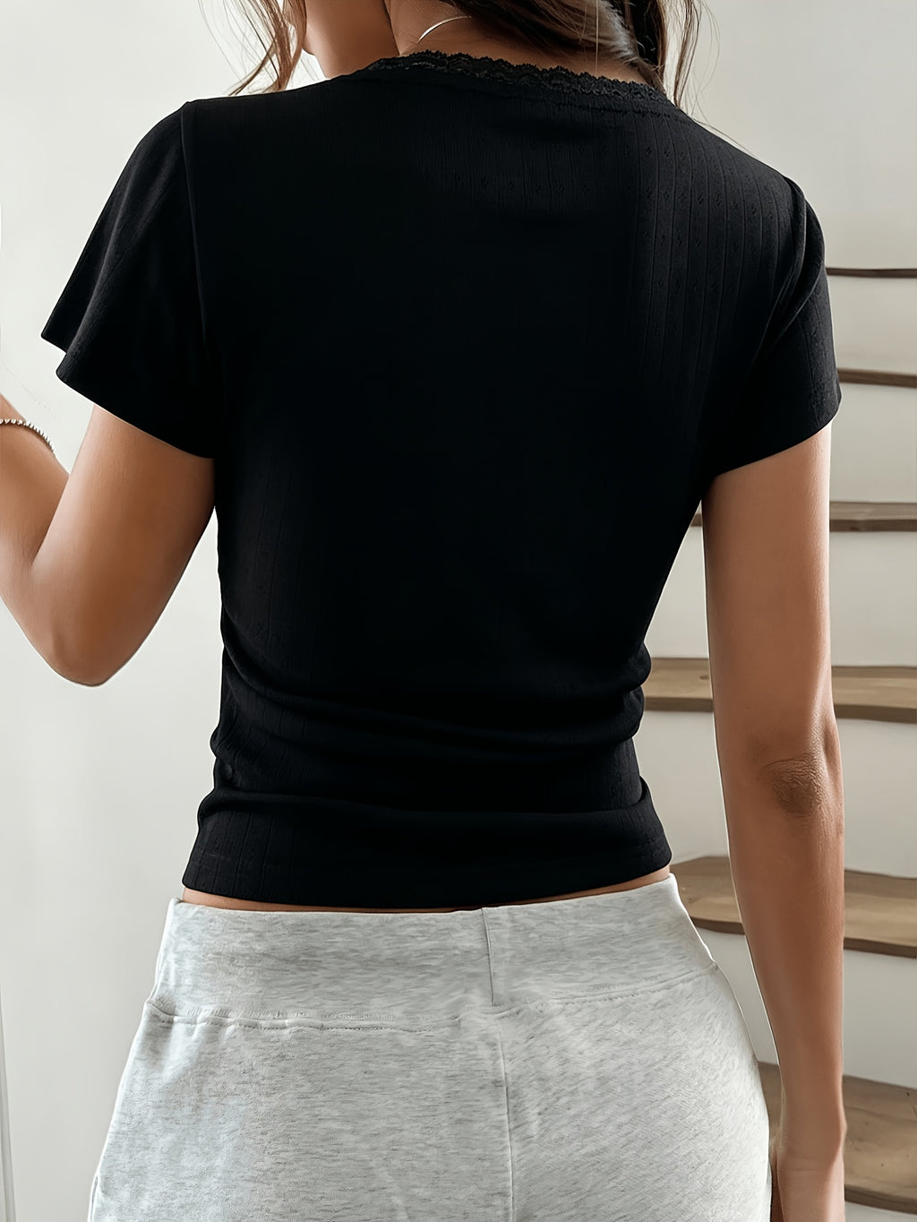 Spring Summer Women'S Sweet Lace Trim Short Sleeve Slim Casual T-Shirt Top - Black