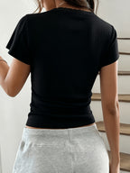 Spring Summer Women'S Sweet Lace Trim Short Sleeve Slim Casual T-Shirt Top - Black