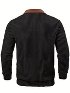 ROYALBOY Spring New Arrival Men's Gift Christmas Men's Casual Ribbed Half-Zip Stand Collar Pullover - Black and Brown Color Block Long Sleeve Pullover with Left Shoulder Zippered Storage Pocket, Versatile for Daily Wear Casual Sporty Layering | - Black