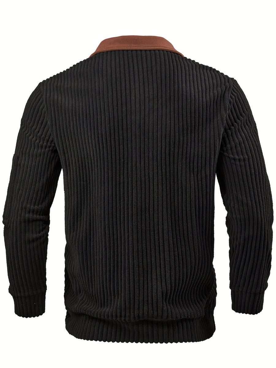 ROYALBOY Spring New Arrival Men's Gift Christmas Men's Casual Ribbed Half-Zip Stand Collar Pullover - Black and Brown Color Block Long Sleeve Pullover with Left Shoulder Zippered Storage Pocket, Versatile for Daily Wear Casual Sporty Layering | - Black